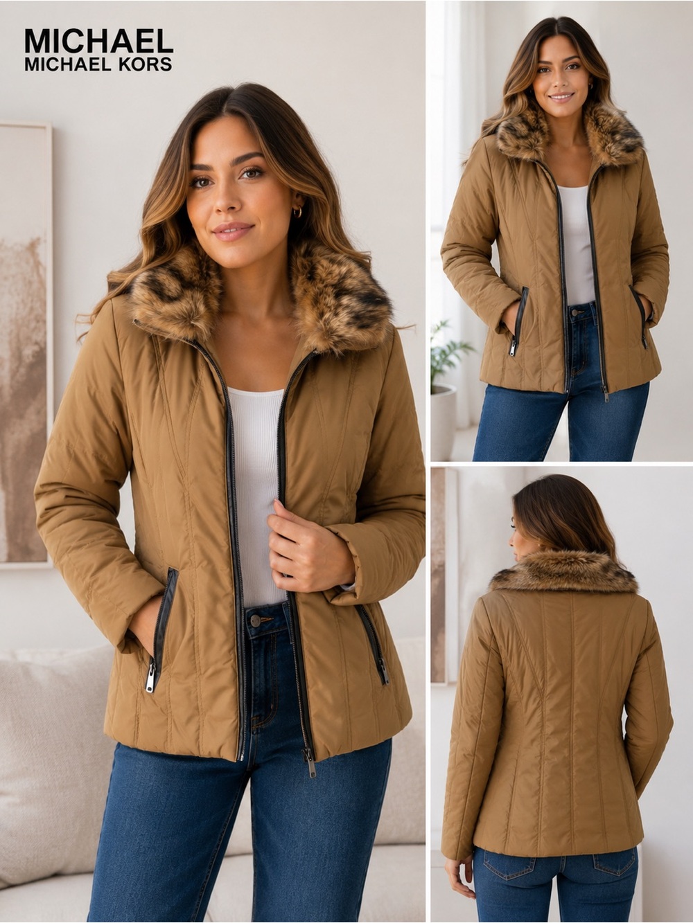 MICHAEL Michael Kors Quilted Puffer Jacket with Faux-Fur Collar in Camel/Tan